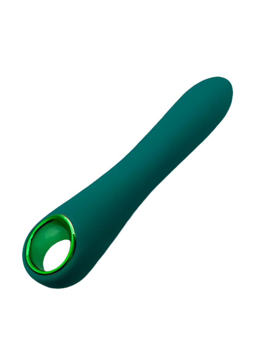 VivaGlide G-Spot Straight Vibrator in green silicone, magnetic charging, 10 speeds, with handle grip for precise control.