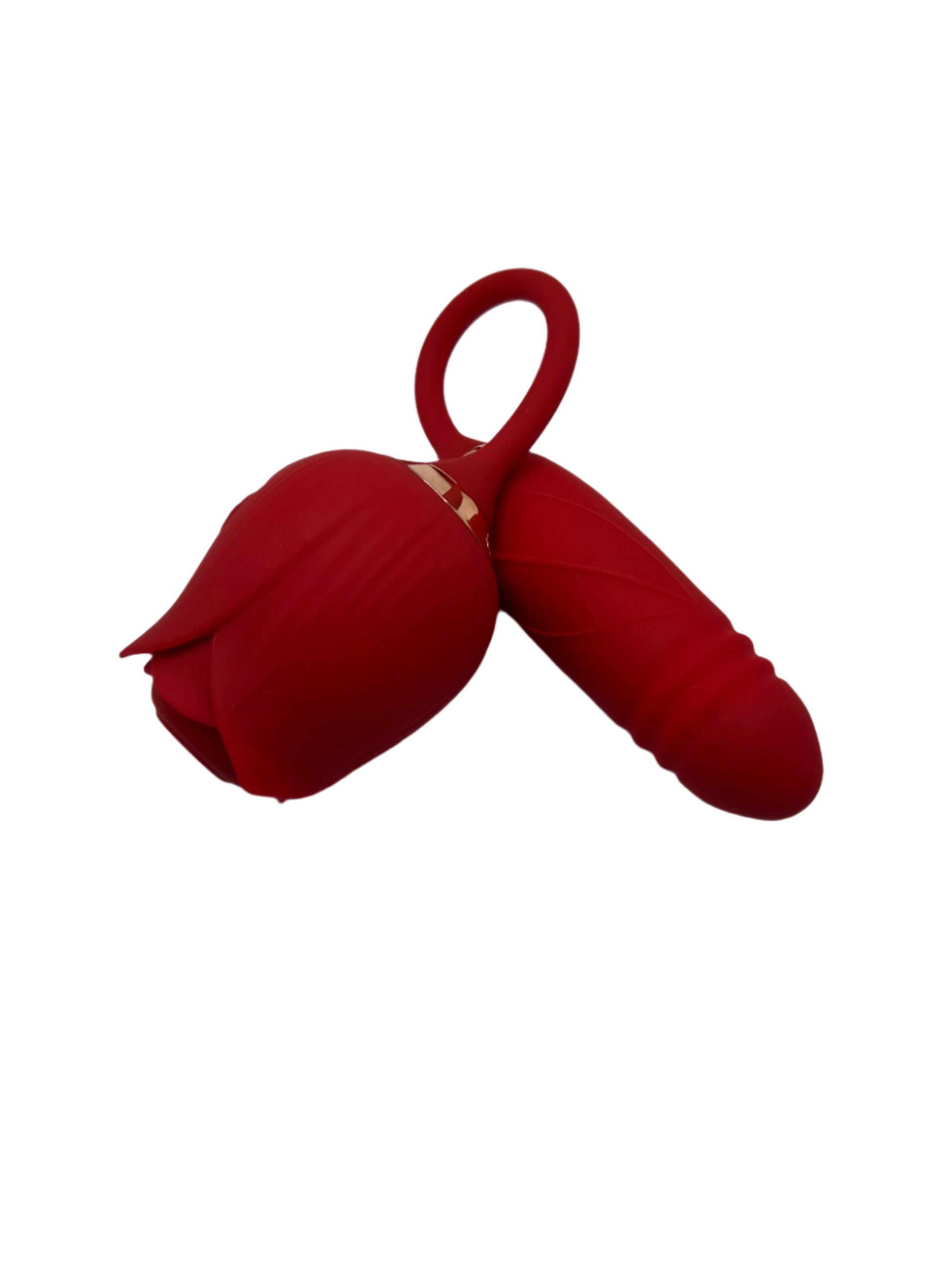 A luxurious red Thrusting Rose vibrator with petal-like details and a bulbous body, offering clitoral suction and thrusting motion for dual stimulation.