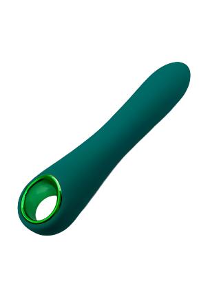 VivaGlide G-Spot Straight Vibrator in green silicone, magnetic charging, 10 speeds, with handle grip for precise control.