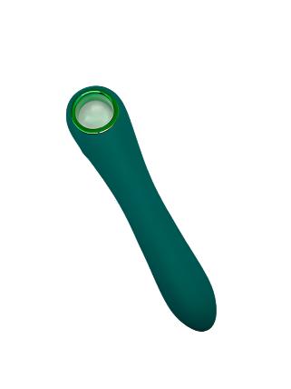 VivaGlide G-Spot Straight Vibrator in green silicone, magnetic charging, 10 speeds, with handle grip for precise control.